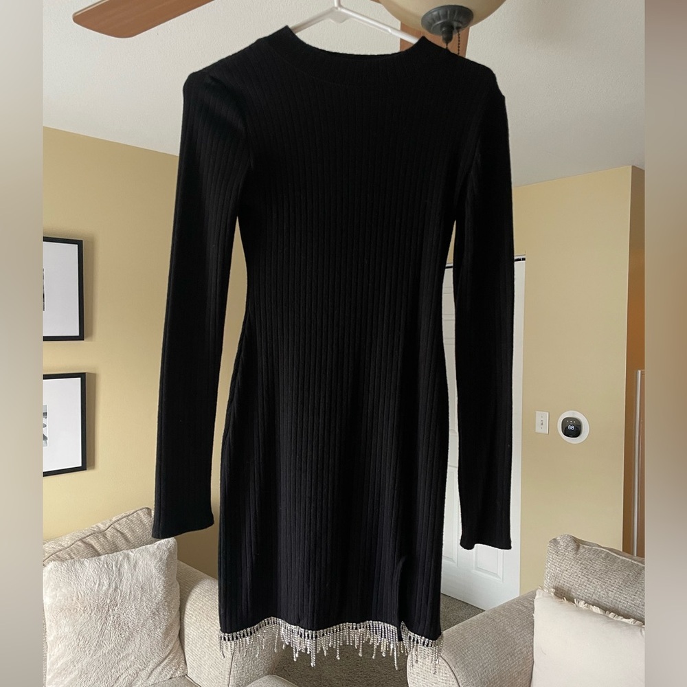 Small Zara Black Sweater Dress with Rhinestone Fringe
